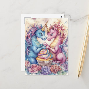 Eenhornige Draken Met Cupcake en Bloemen Briefkaart