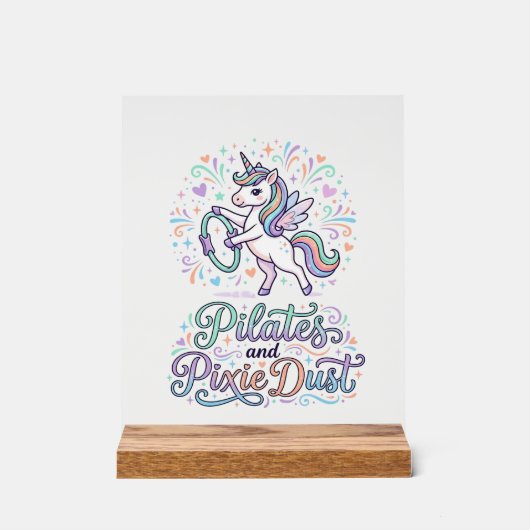Eenhornige Pilates en Pixie Dust Witte Achtergrond Acryl Bord (Voorkant)