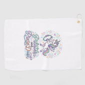 Eenhornige Pilates en Pixie Dust Witte Achtergrond Golfhanddoek (Horizontaal)