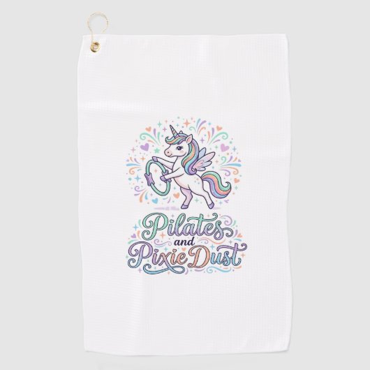 Eenhornige Pilates en Pixie Dust Witte Achtergrond Golfhanddoek (Voorkant)