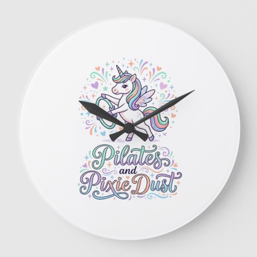 Eenhornige Pilates en Pixie Dust Witte Achtergrond Grote Klok (Voorkant)