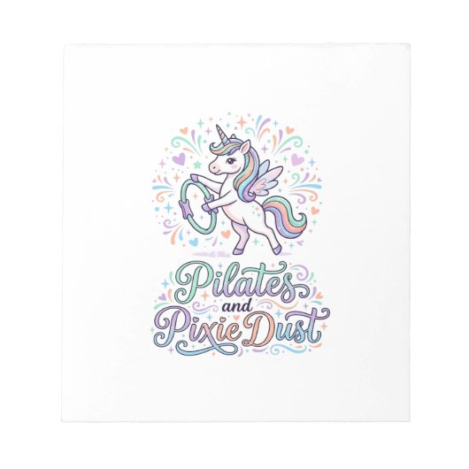 Eenhornige Pilates en Pixie Dust Witte Achtergrond Notitieblok (Voorkant)