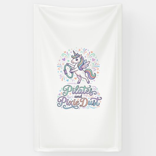 Eenhornige Pilates en Pixie Dust Witte Achtergrond Spandoek (Verticaal)