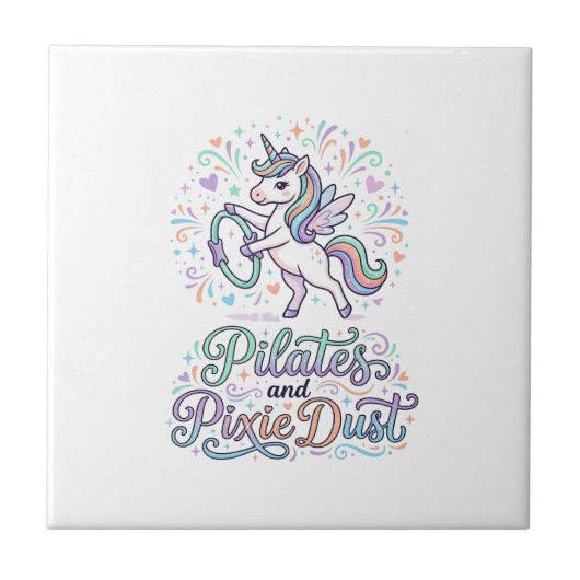 Eenhornige Pilates en Pixie Dust Witte Achtergrond Tegeltje (Voorkant)