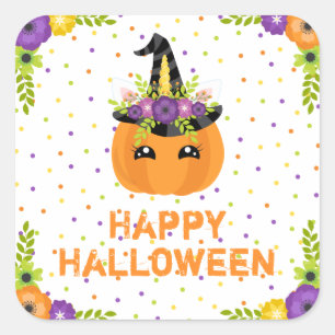 Eenhornige Pompoen Gelukkig Halloween Witte Vierka Vierkante Sticker
