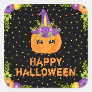 Eenhornige Pompoen Gelukkig Halloween Zwart Vierka Vierkante Sticker