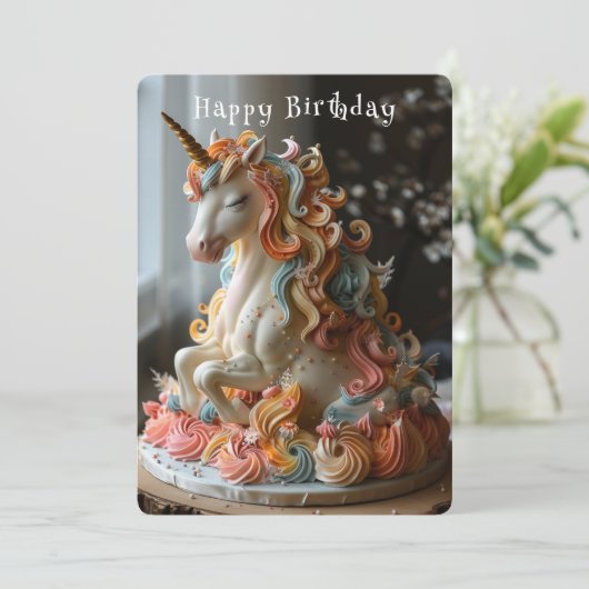 Eenhornige verjaardagstaart gouden hoorn kaart (Staand voorkant)