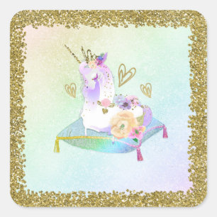 Eenhornprinses Iriserende Regenboog Pastel Feest Vierkante Sticker