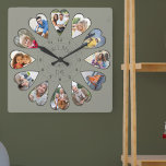 Eenmaal op een tijd 12 Heart Shaped Photos Green Vierkante Klok<br><div class="desc">Creëer uw eigen multi-fotoklok om uw verhaal te vertellen - het midden van het klokgezicht wordt geletterd met "Eenmaal per keer" in handgeschreven typografie. Gebruik het fotomalplaatje om 12 van uw favoriete foto's toe te voegen, die in hart gevormde lijsten zullen worden getoond. Het ontwerp gebruikt verticale foto's van het...</div>