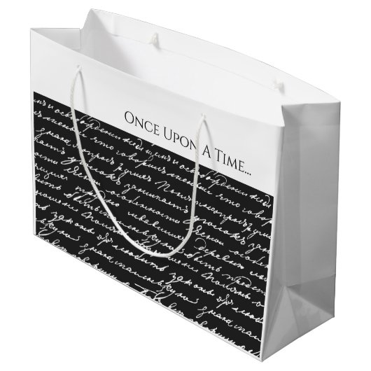 Eenmaal op een tijdverhaal zwart-wit handgeschreve groot cadeauzakje (Achterkant Gekanteld)