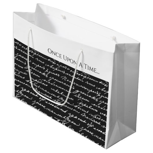 Eenmaal op een tijdverhaal zwart-wit handgeschreve groot cadeauzakje (Voorkant Gekanteld)