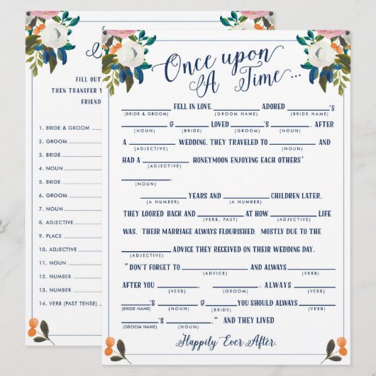 Eenmaal op tijd liefdesverhaal Bridal Libs Game Kaart (Voorkant / Achterkant)