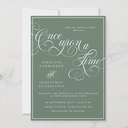 Eens Op Een Tijd Flourish Script Groene Trouw Kaart (Voorkant)