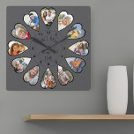 Eens per keer 12 foto's van het hart donkergrijs vierkante klok<br><div class="desc">Creëer uw eigen multi-fotoklok om uw verhaal te vertellen - het midden van het klokgezicht wordt geletterd met "Eenmaal per keer" in handgeschreven typografie. Gebruik het fotomalplaatje om 12 van uw favoriete foto's toe te voegen, die in hart gevormde lijsten zullen worden getoond. Het ontwerp gebruikt de verticale foto's van...</div>