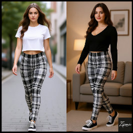 Eentonig grijs zwart wit tartan ruitjespatroon leggings