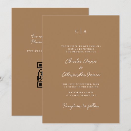 Eenvoud | Monogram Minimalistische kameel bruiloft Kaart (Voorkant / Achterkant)