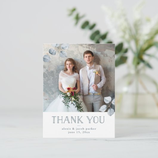 Eenvoud van eucalyptus | Trouwfoto Dank u wel Aankondigingskaart (Staand voorkant)