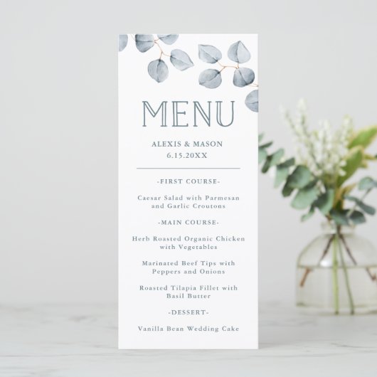 Eenvoud van eucalyptus | Trouwmenu Menu (Staand voorkant)
