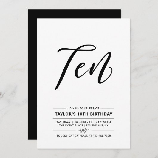 Eenvoudig 10e tiende verjaardag van zwart-wit Invi Kaart (Voorkant / Achterkant)