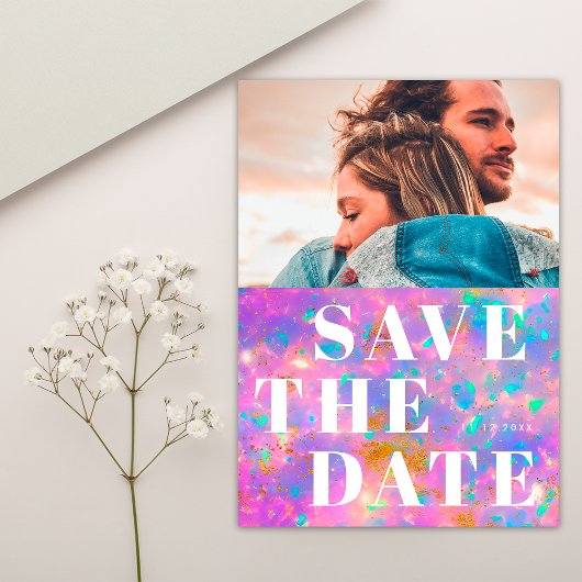 Eenvoudig 1 foto Bold Opal Stone en Witte bruiloft Save The Date