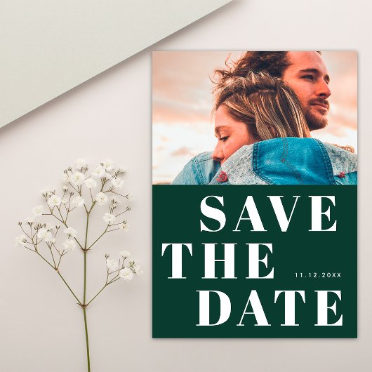Eenvoudig 1 foto Bold Smaragdgroen Wit Huwelijk Save The Date