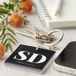 Eenvoudig 2 Monogram Initiaal Retro Zwart Wit Sleutelhanger