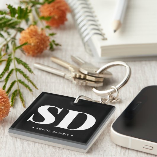 Eenvoudig 2 Monogram Initiaal Retro Zwart Wit Sleutelhanger (Voorkant Rechts)