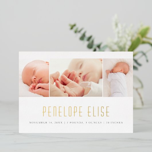 Eenvoudig 3 Foto Collage Baby Birth Annoucement Go Folie Uitnodiging (Staand Voorkant)