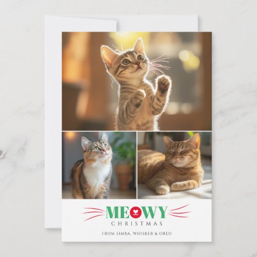 Eenvoudig 3 Foto Rood Groen Meowy Kerst Schattige  Feestdagenkaart (Voorkant)