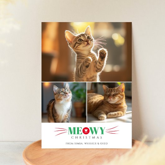 Eenvoudig 3 Foto Rood Groen Meowy Kerst Schattige Feestdagenkaart