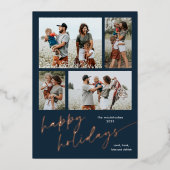 Eenvoudig 4 Foto Collage Script Prettig Kerstfeest Folie Feestdagenkaart (Voorkant)