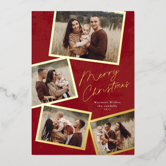 Eenvoudig 4 Foto Collage Script Prettig Kerstfeest Folie Feestdagenkaart (Voorkant)