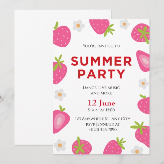 Eenvoudig Aardbei Zomerfeest Kaart (Voorkant / Achterkant)