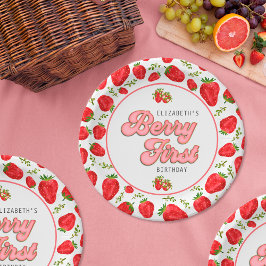 Eenvoudig aardbeienpatroon 1e verjaardag Berry Fir Papieren Bordje