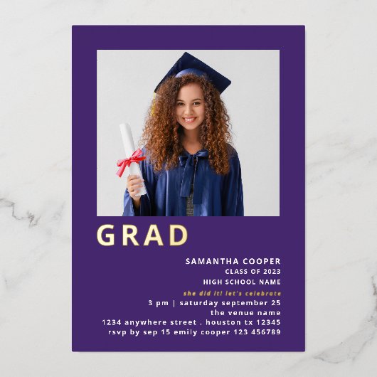 Eenvoudig Afstudeerder 2022 Foto Afstuderen Paars  Folie Uitnodiging (Voorkant)