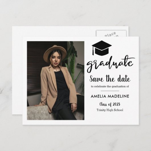 Eenvoudig afstudeerfeest | De datumfoto opslaan Aankondigingskaart (Voorkant / Achterkant)