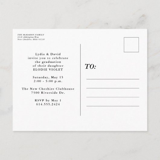 Eenvoudig afstuderen aankondiging briefkaart (Achterkant)