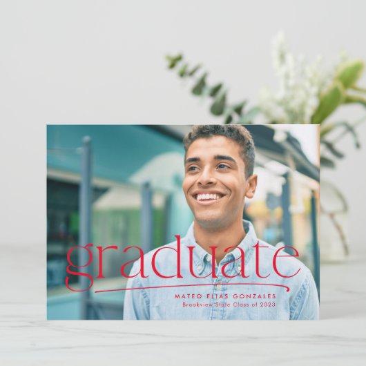 Eenvoudig afstuderen, éénfotorood afstuderen aankondiging (Staand voorkant)