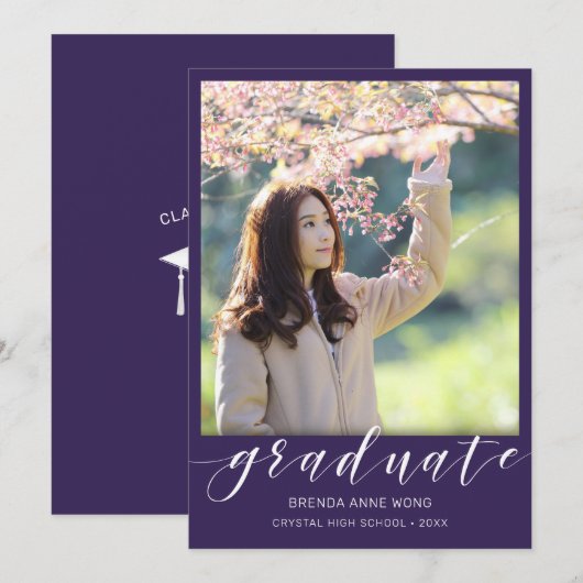 Eenvoudig Afstuderen Photo White Script op Paars Aankondiging (Voorkant / Achterkant)