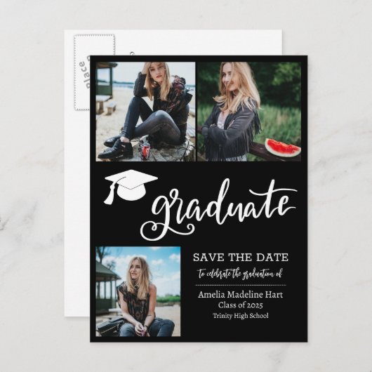 Eenvoudig Afstuderen script De datumfoto opslaan | Aankondigingskaart (Voorkant / Achterkant)