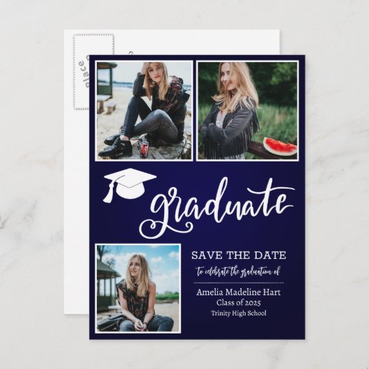 Eenvoudig Afstuderen script De datumfoto opslaan | Aankondigingskaart (Voorkant / Achterkant)