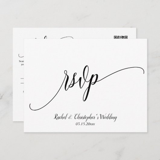 Eenvoudig antwoord op RSVP-reactie QR Code Weddens Briefkaart (Voorkant / Achterkant)
