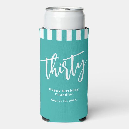 Eenvoudig Aqua en Wit 30e Verjaardagsfeest Seltzer Blikjeskoeler (Seltzer Achterkant)