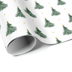 Eenvoudig Aquarel Groen Bomen Gouden Sterren Kerst Cadeaupapier