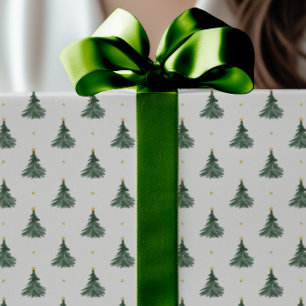 Eenvoudig Aquarel Groen Bomen Gouden Sterren Kerst Cadeaupapier