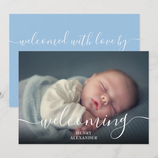 Eenvoudig Baby-fotoscript Welkomstjongen Blue Birt Aankondiging (Voorkant / Achterkant)