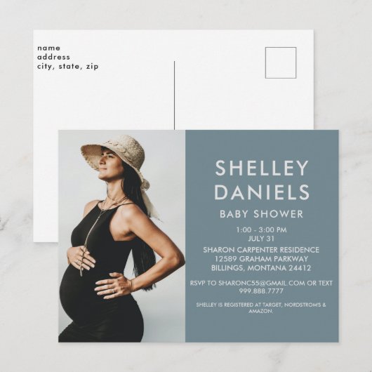 Eenvoudig Baby shower B/W-fotoblauw Uitnodiging Briefkaart (Voorkant / Achterkant)