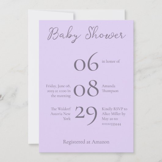 Eenvoudig Baby shower met minimale monogram lavend Kaart (Voorkant)