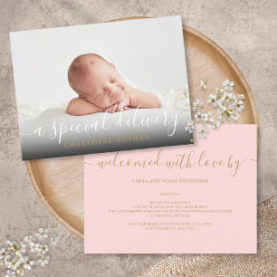 Eenvoudig babyfoto-script Roze meisje Geboorte  Aankondigingskaart