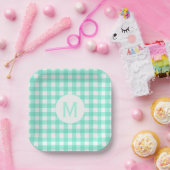 Eenvoudig Basic Mint Groen Gingham Monogram Papieren Bordje (Feest)
